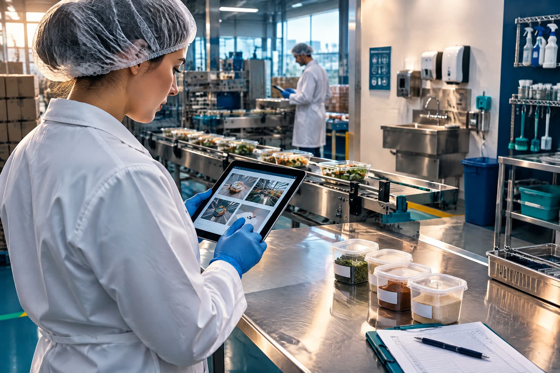 Quality professional collecting food-safety evidence beside a packaging line
